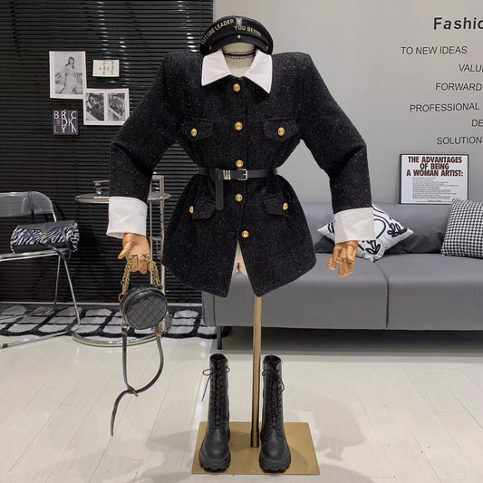 French light mature style contrasting color splicing shirt collar, high-end, loose and versatile casual single-breasted thickened long-sleeved jacket