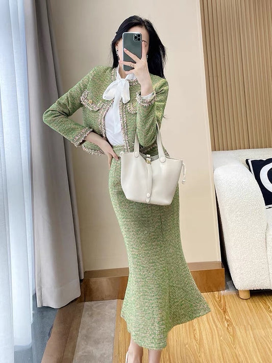 Xiaoxiang style powerful women's clothing suit celebrity temperament fashion high-end sense mid-length fishtail bag hip two-piece set