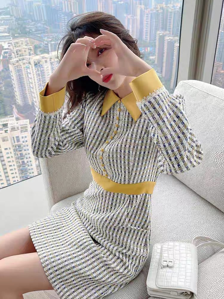 2022 New Spring Dress Women's Polo Collar Contrast Color Stitching Small Waist Slimming Modern Style Skirt (B1411)