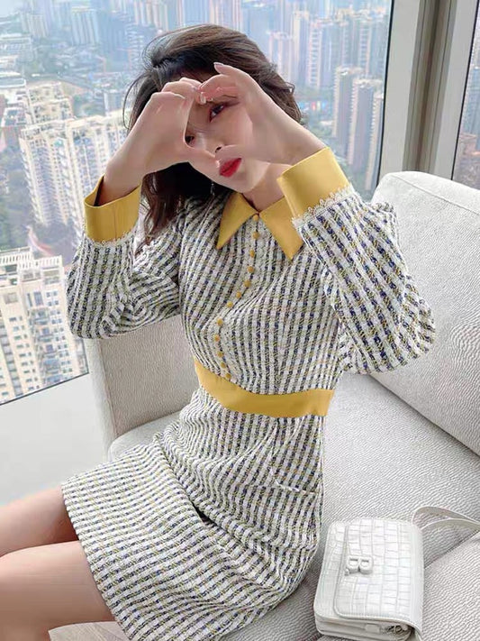 2022 New Spring Dress Women's Polo Collar Contrast Color Stitching Small Waist Slimming Modern Style Skirt (B1411)