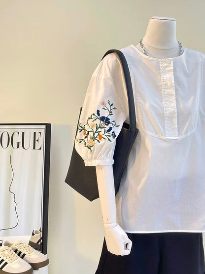 The last wave of new styles in summer~ Pullover embroidered pure cotton mid-sleeve white shirt for women, summer design loose top