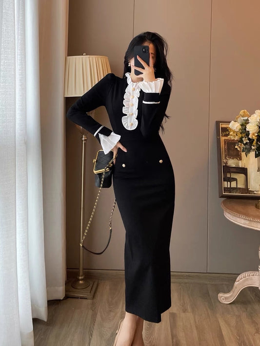 Two-piece suit women's autumn clothes new western style fashionable French retro bottoming velvet dress temperament slim long skirt