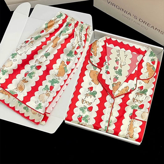 2024 new ice silk pajamas women's short-sleeved summer thin silk can be worn outside home clothes suit spring and summer