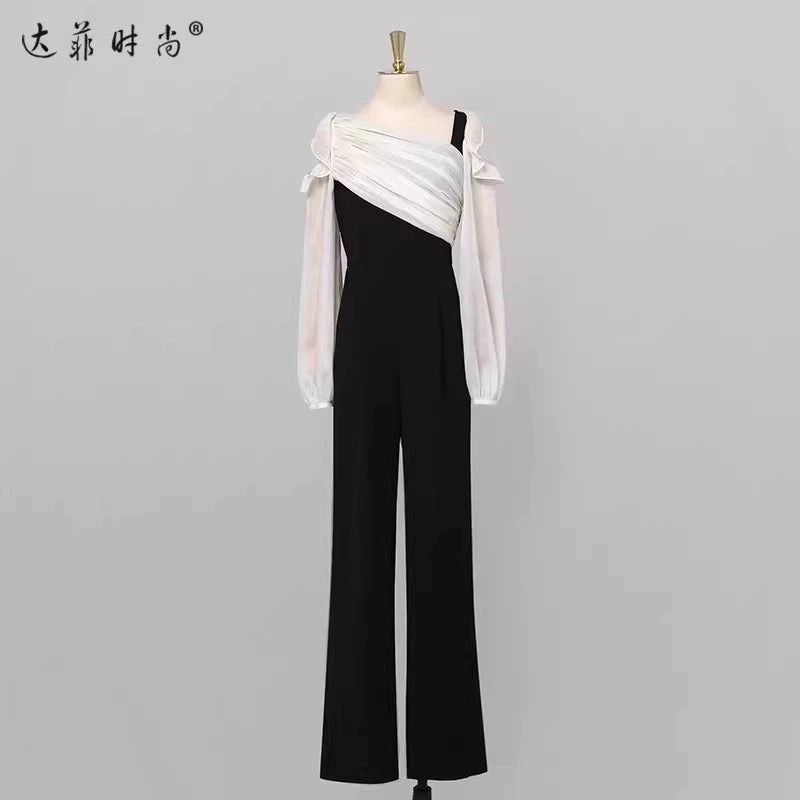 Autumn women's clothing 2023 new fashion contrasting color lantern sleeves high waist jumpsuit jumpsuit wide leg pants trousers trousers