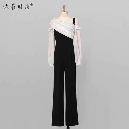 Autumn women's clothing 2023 new fashion contrasting color lantern sleeves high waist jumpsuit jumpsuit wide leg pants trousers trousers