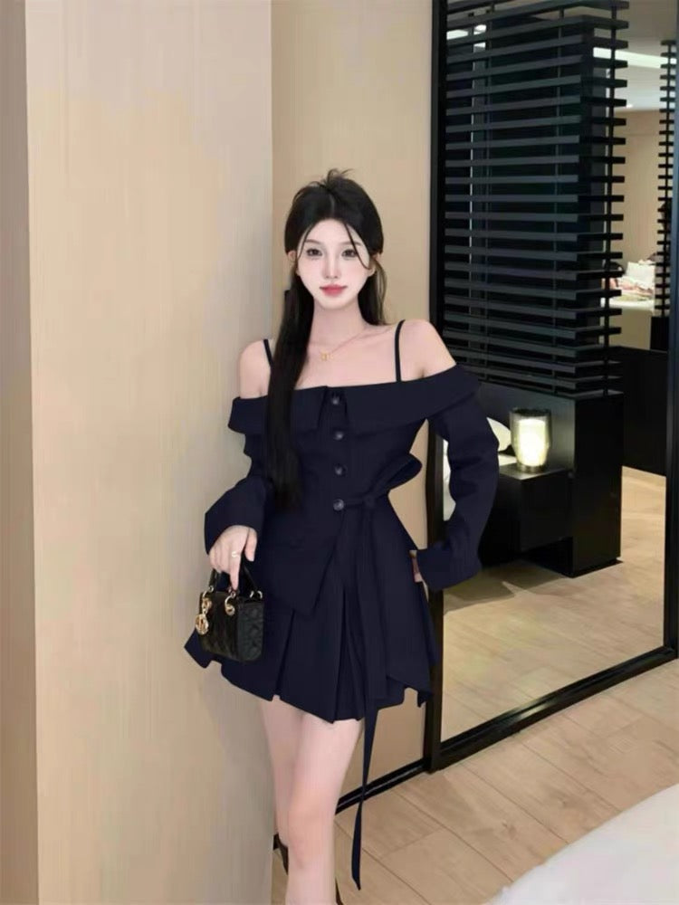 This year's popular fashion suit hot girl long-sleeved top half-length pleated skirt women's early autumn new temperament two-piece set A2257