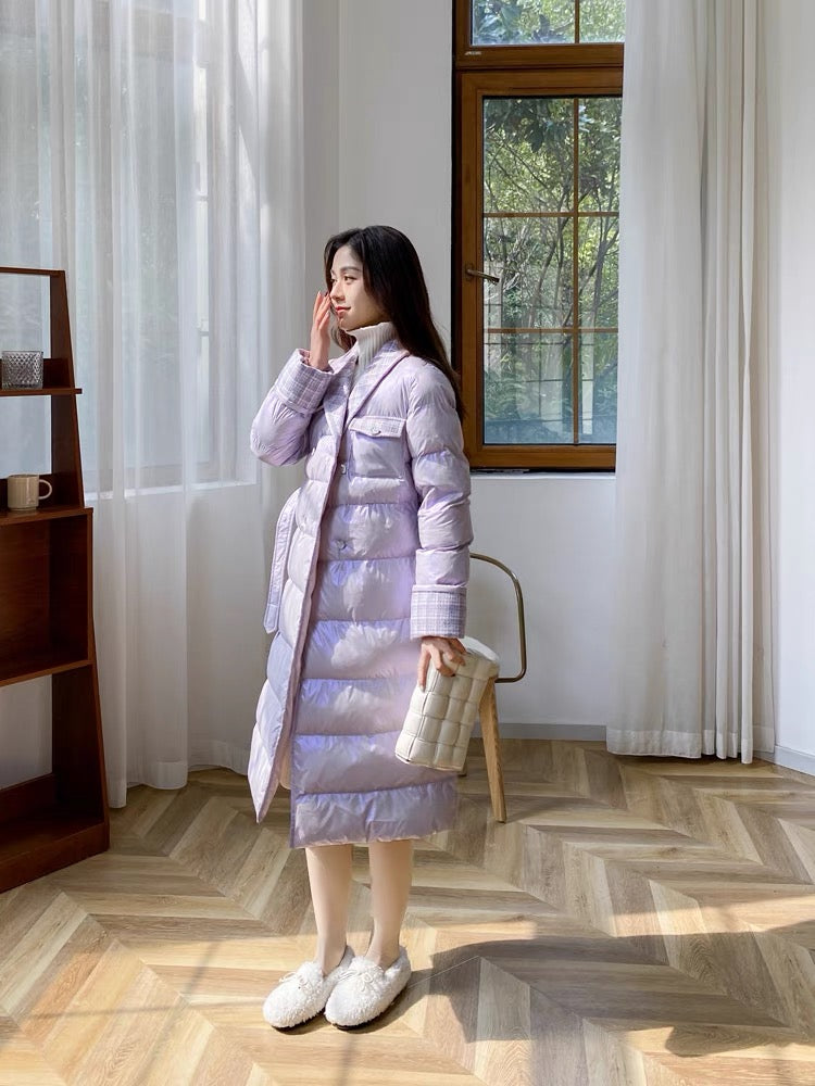 Nori gentle style French retro small fragrance style down cotton coat for women winter French plaid splicing mid-length cotton coat