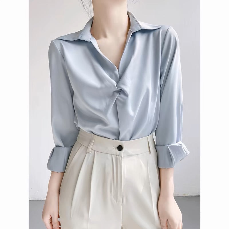 ACHU Love at First Sight Blue Satin Shirt Women's Professional Commuting OL Interview Shirt Design Top Light Mature T367