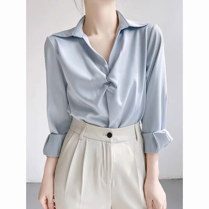 ACHU Love at First Sight Blue Satin Shirt Women's Professional Commuting OL Interview Shirt Design Top Light Mature T367