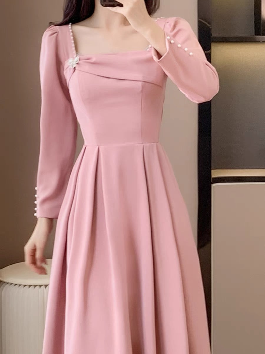 Autumn new style sweet first love girl gentle light luxury long dress engagement certificate pink small dress slim dress