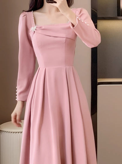 Autumn new style sweet first love girl gentle light luxury long dress engagement certificate pink small dress slim dress
