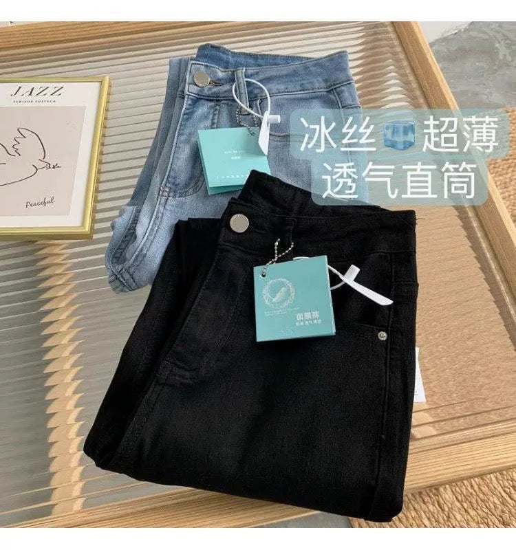 Summer nano ultra-thin ice silk straight jeans for women 2025 new small ladies nine-point cigarette pants