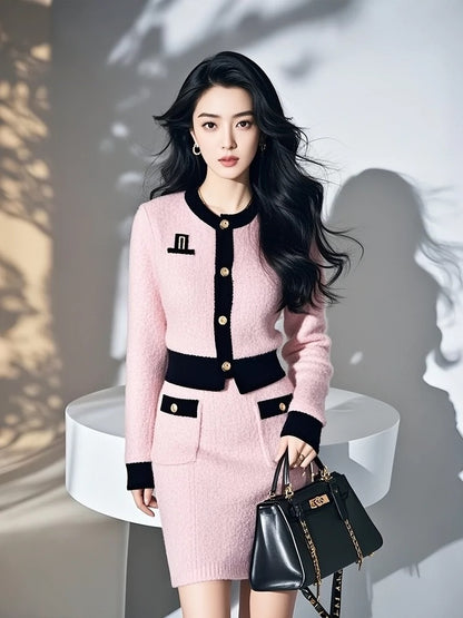 A complete set of autumn outfits for petite girls, with a youthful temperament and a style, pink knitted tops and skirts, professional suits