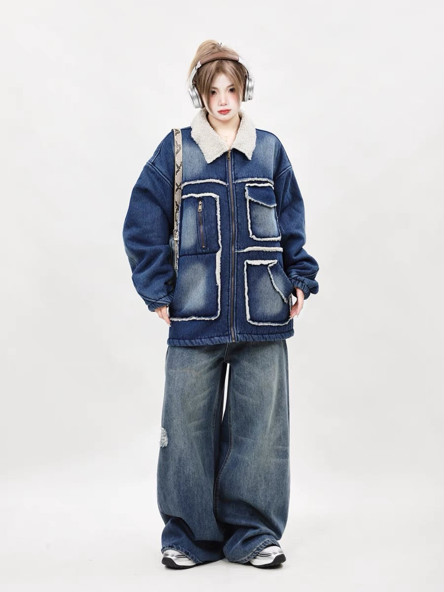 High-end and super good-looking 2023 new loose denim cotton-padded clothes for women winter thickened lamb wool coats and cotton-padded jackets A3343