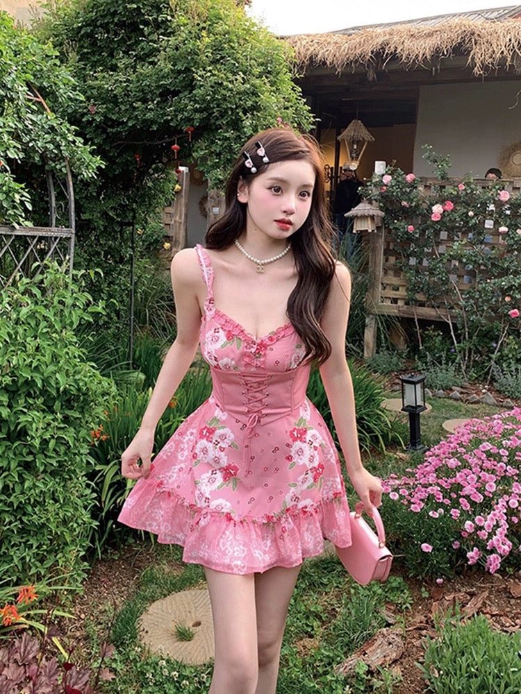 French Floral A-Line Dress Women's Summer Sweetheart Pink Princess Sho –  Lee Nhi Boutique