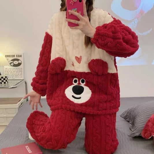 Coral velvet pajamas for women in winter 2022 new autumn and winter plus velvet thickened flannel strawberry bear internet celebrity style