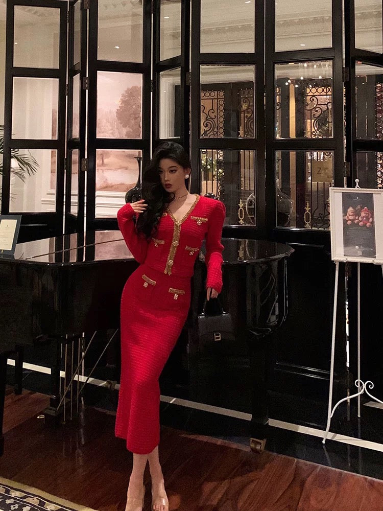 Godfrey red small fragrance suit for women 2023 autumn and winter new high-end light luxury niche knitted two-piece set