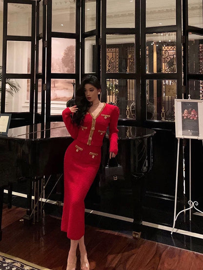 Godfrey red small fragrance suit for women 2023 autumn and winter new high-end light luxury niche knitted two-piece set