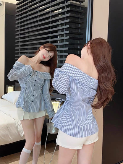 One-shoulder strappy striped shirt for women in early autumn, one-shoulder sunscreen shirt for hot girls, niche design