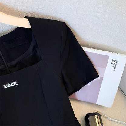 YLSZ customization~French platycodon chic jumpsuit summer dress small square collar sexy waist slimming little black qun trend (D119)