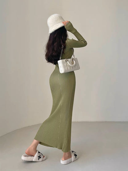 YoungGirlDay Pure Sexy Sexy Slim Lapel Long Sleeve Knitted Buttocks Fishtail Dress Long Skirt (B1810)
