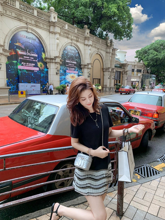Fish rabbit rabbit French contrast color stitching dress female summer new slim fit striped cake skirt