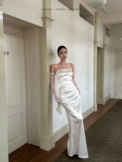 VENUIE French-style satin dress—perfect for annual galas, banquets, birthdays, engagements, or graduation. Features a white strapless design and an elegant, lightweight silhouette
