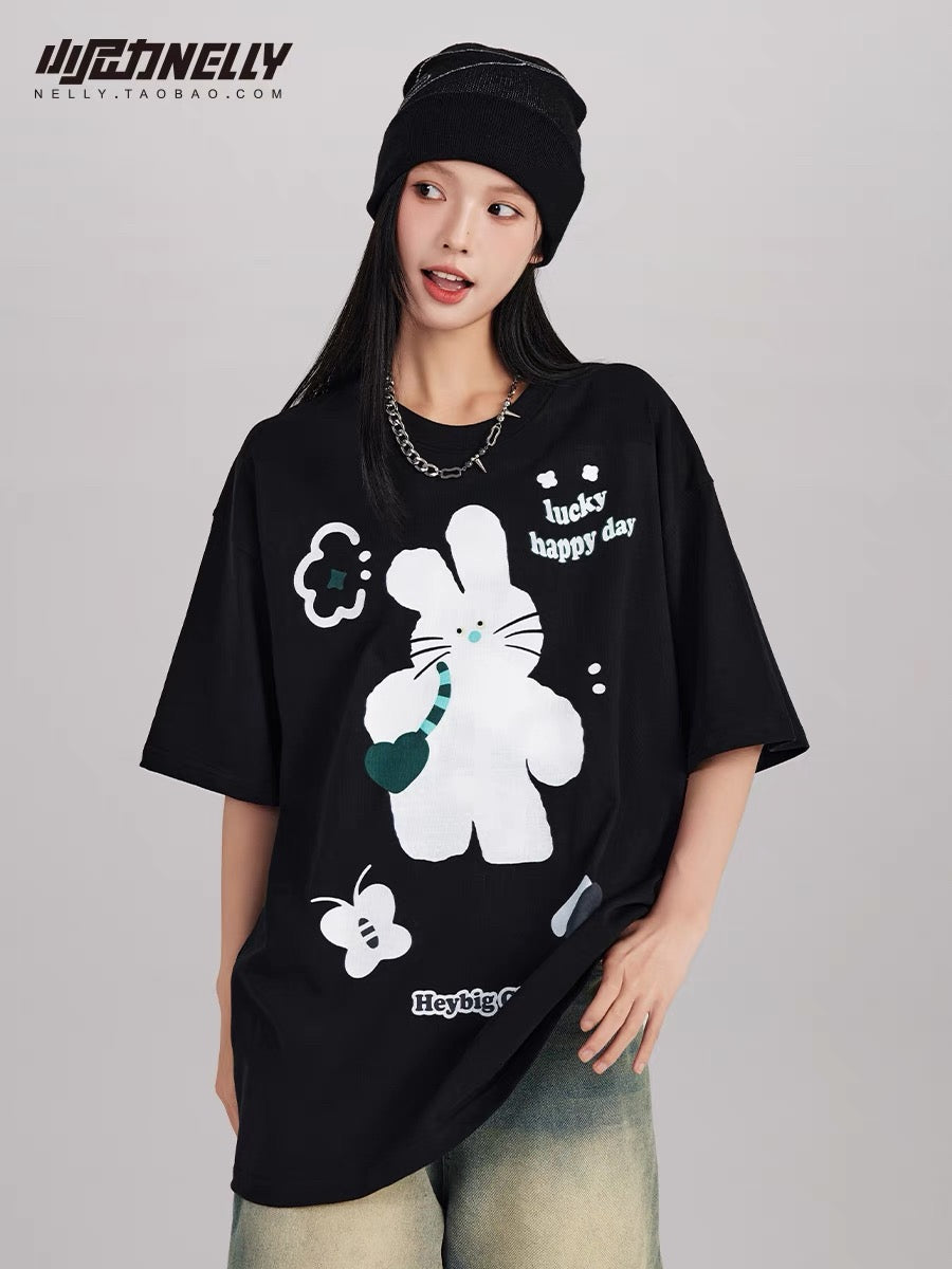 College style American cartoon cat print short-sleeved T-shirt for men and women ins summer trendy brand pure cotton casual all-match tops