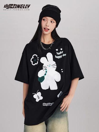 College style American cartoon cat print short-sleeved T-shirt for men and women ins summer trendy brand pure cotton casual all-match tops