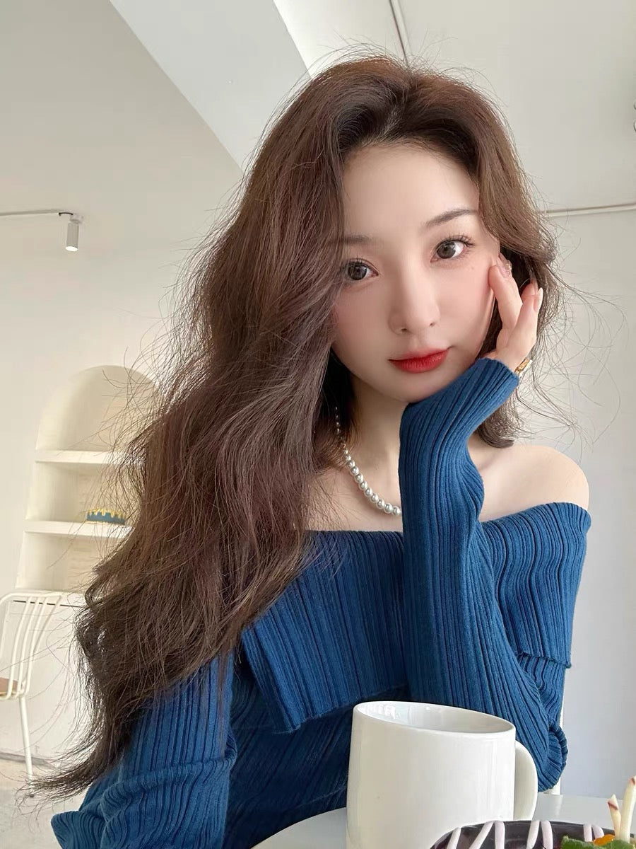 Blue one-line collar off-shoulder long-sleeved knitted dress for women early autumn 2023 new temperament waist-covering hip long skirt (B1718)