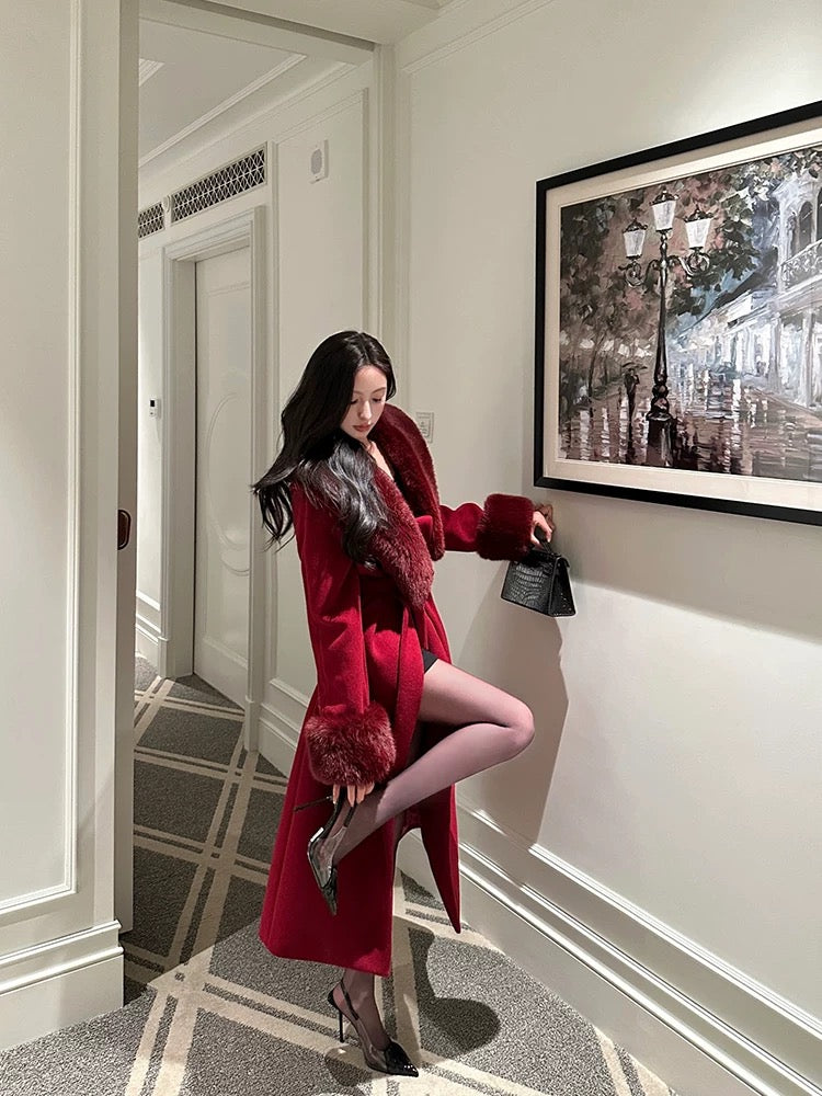 For Fay burgundy red shirt/simulated fox fur large lapel woolen coat Christmas and New Year coat