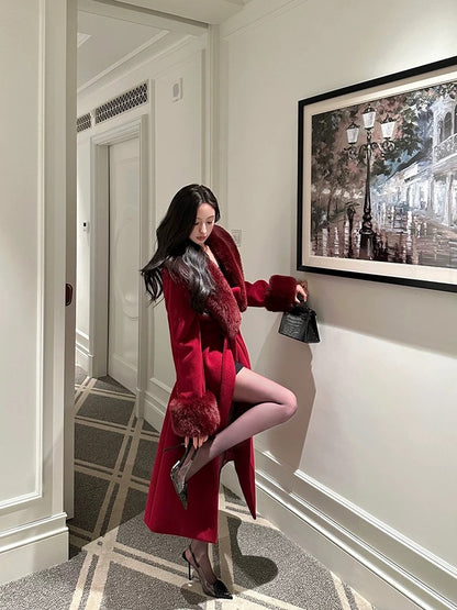For Fay burgundy red shirt/simulated fox fur large lapel woolen coat Christmas and New Year coat