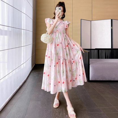 2023 New Large Size Summer Maternity Dress Temperament Floral Flying Sleeves Korean Style Slim Loose Fashionable Long Dress