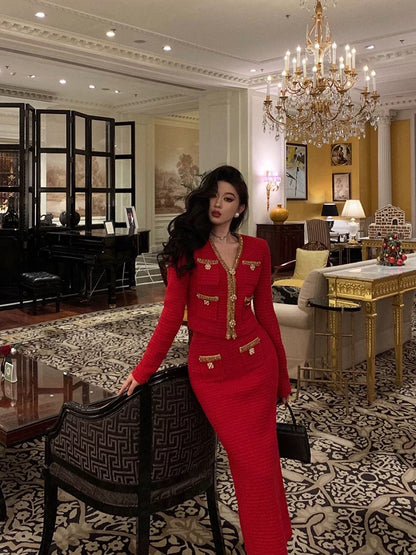 Godfrey red small fragrance suit for women 2023 autumn and winter new high-end light luxury niche knitted two-piece set