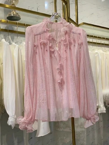Madino's age-reducing, beautiful and stylish blouse, unique and chic top, light pink beaded chiffon base lining