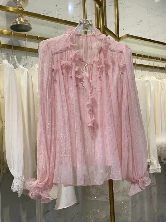 Madino's age-reducing, beautiful and stylish blouse, unique and chic top, light pink beaded chiffon base lining