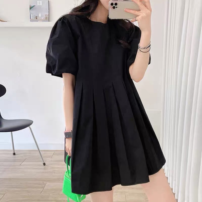 Korean chic summer simple temperament round neck pleated waist slim lantern sleeve A-line dress skirt female