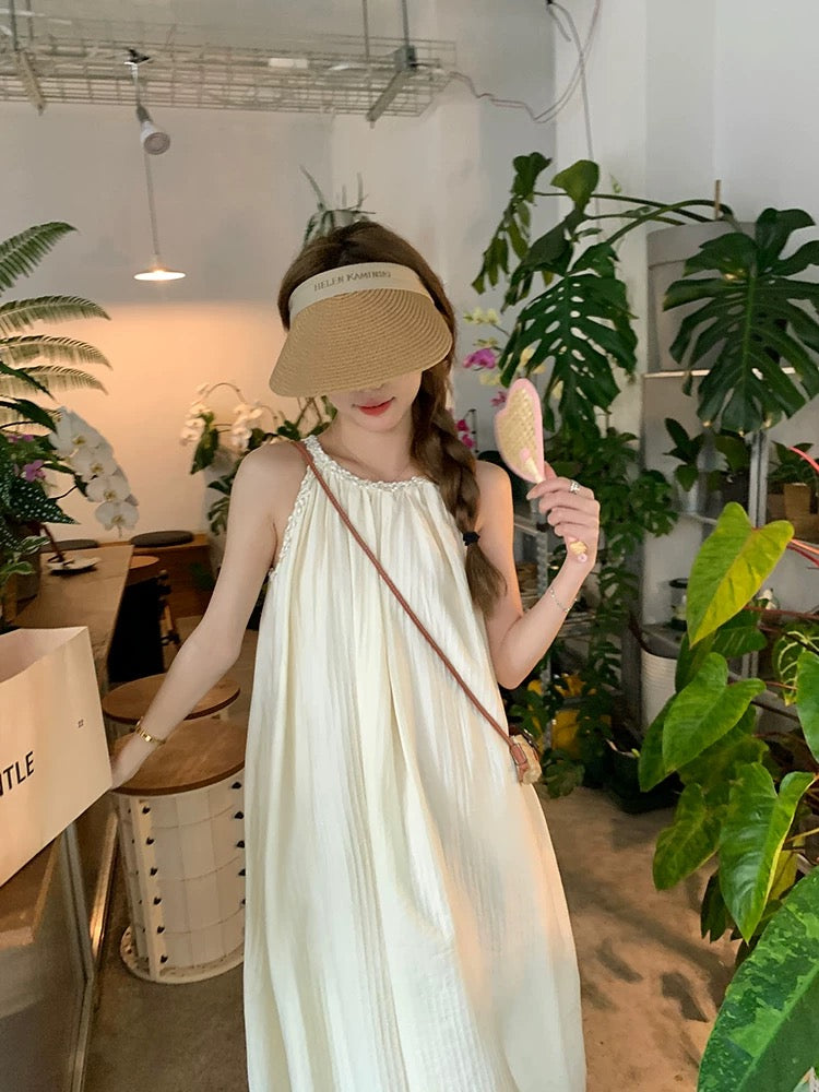 Wu77 Glazed Halter Neck Fairy Suspender Dress Women's Loose Sleeveless Off-the-shoulder Textured Long Dress Birthday Gift Dress Summer