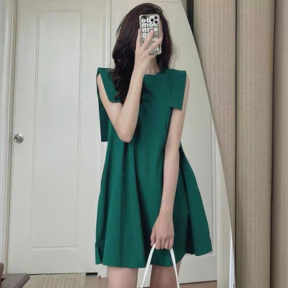 Korean chic summer minimalism niche round neck stitching design sense sleeveless A-line dress skirt female