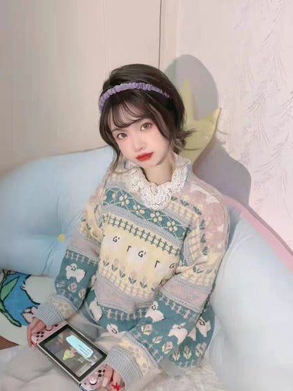 Blue Christmas sweater for women 2023 autumn and winter gentle style sweet and versatile loose retro jacquard round neck knitted top