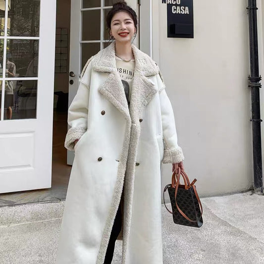 2023 new winter lamb wool coat women's fur all-in-one coat mid-length high-end loose thickened cotton coat