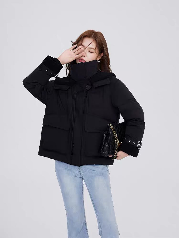Volstagg Short Stand Collar Down Jacket Women's Winter Lamb Wool Polar Fleece Design Navy Collar Thick Jacket