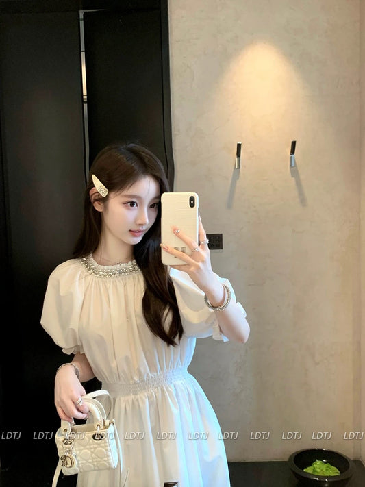 LDTJ Haute Couture 23 Autumn and Winter New Miu Sweet Princess Heavy Industry Beading Round Neck Elastic Waist Puff Sleeve Dress