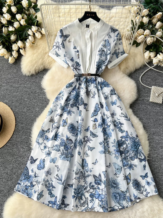 Light mature style dress for women 2024 summer European and American high-end waist buttoned slim fit pleated printed short-sleeved long skirt