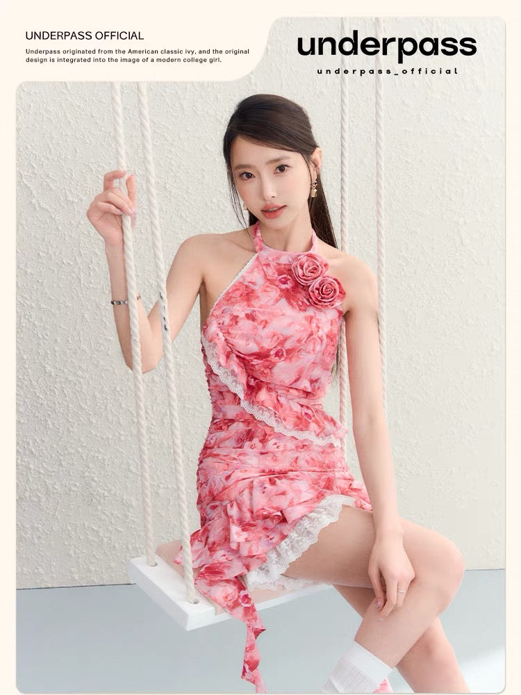 Underpass original design niche romantic red rose floral halter neck ribbon high waist dress for women