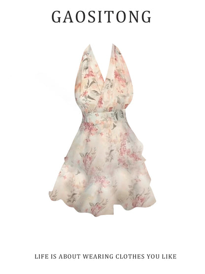 GAOSITONG Women's Summer Floral Halter Dress – Chic French-Style V-Neck, Ruffled Open-Back Slim-Fit A-Line Mini Dress