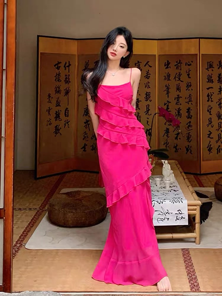 French sling dress fairy summer ruffles high-end sexy open back seaside holiday wind beach long skirt