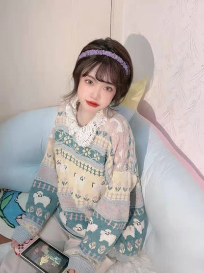 Blue Christmas sweater for women 2023 autumn and winter gentle style sweet and versatile loose retro jacquard round neck knitted top