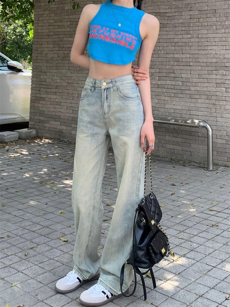 Light blue jeans, high-waisted floor-length pants for women, summer American retro loose wide-leg pants, straight-leg pants, drapey pants