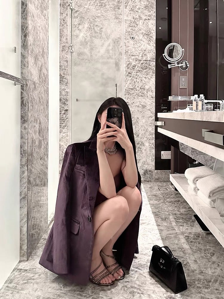 For Fay cold smoked purple velvet blazer high-end Hong Kong style retro casual top for women